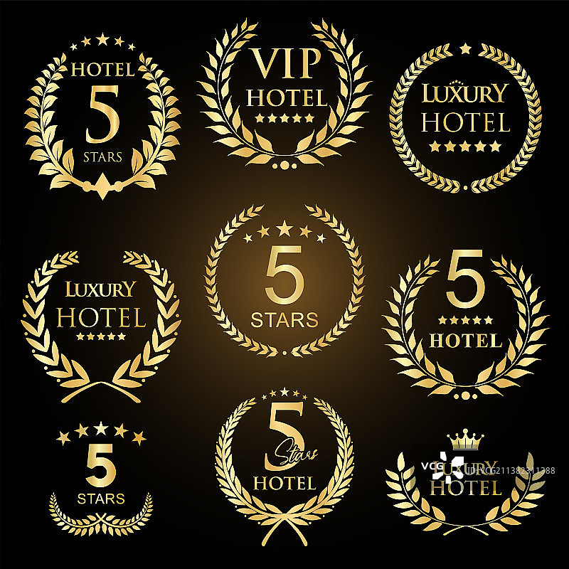 金色月桂花环五星级酒店徽章套装图片素材
