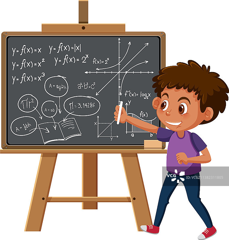 在黑板上写数学公式的男孩图片素材
