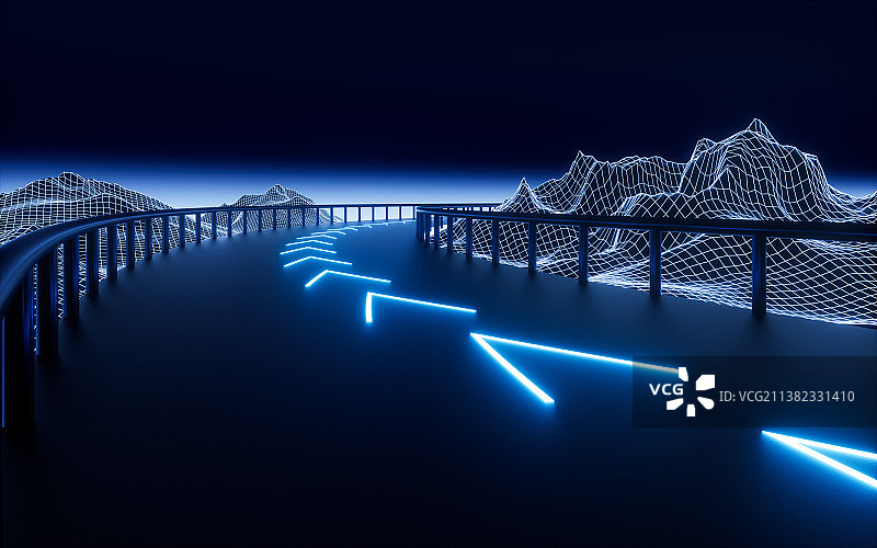 霓虹网格与公路背景3D渲染图片素材