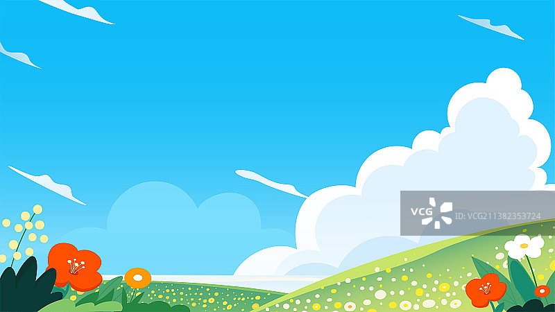 蓝天白云花海和草地自然风光矢量插画背景图片素材