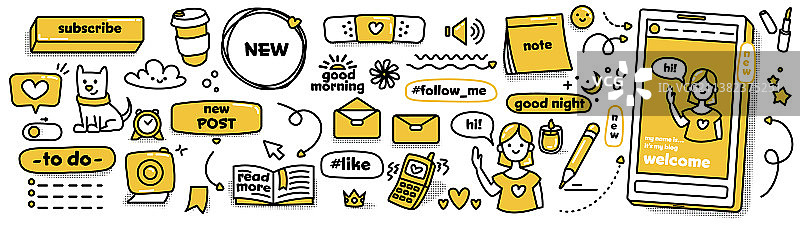 用于社交媒体的现代涂鸦贴纸图片素材