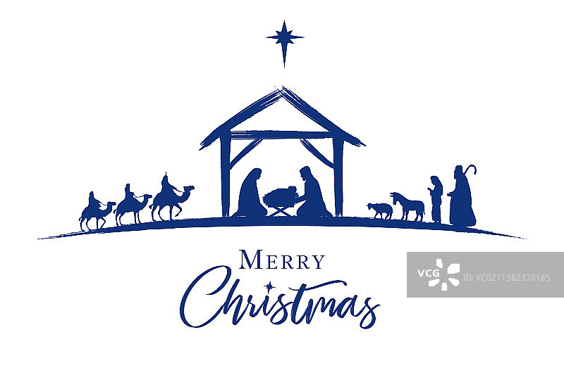 蓝色剪影下的耶稣诞生场景图片素材