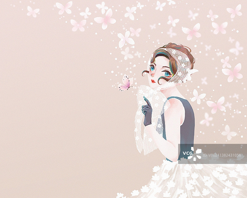 绑着头巾的梦幻女孩与蝴蝶图片素材