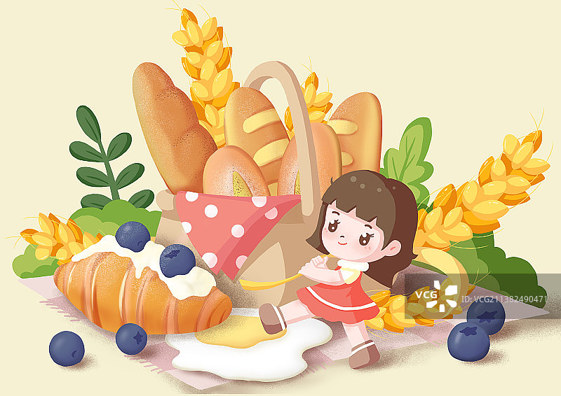 面包麦穗和女孩插画图片素材