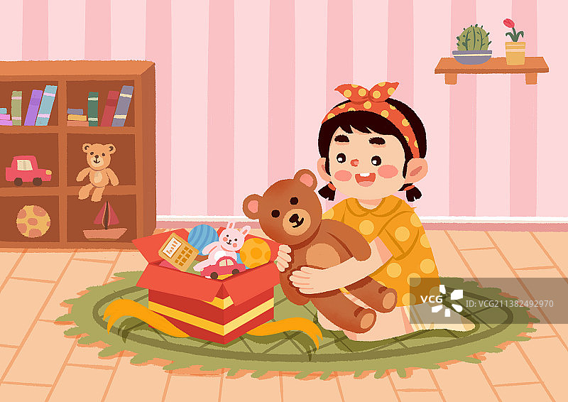 儿童房间里可爱的小女孩和泰迪熊玩具图片素材