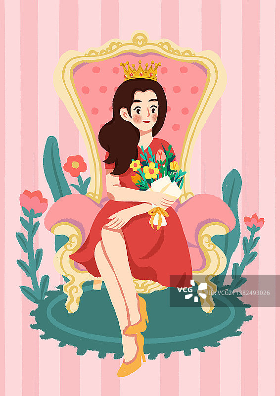 坐在椅子上的女人抱着鲜花，妇女节图片素材