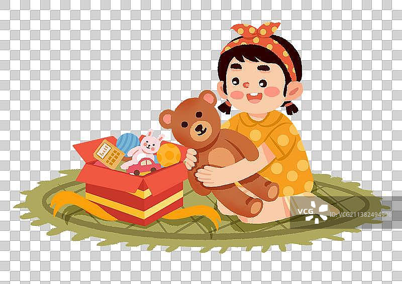 坐在地毯上可爱的小女孩和泰迪熊图片素材