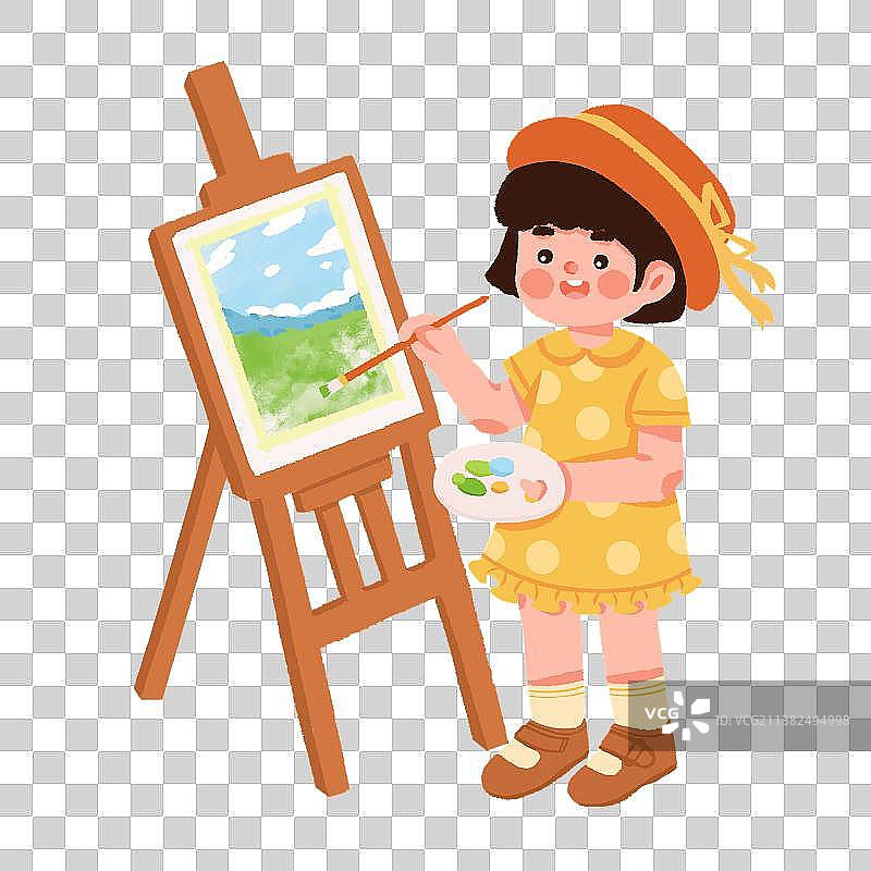 可爱的女孩在画布上画画图片素材