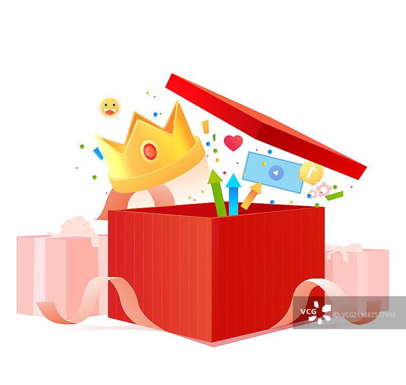 系着彩带的红色礼品盒与金钱奖励图片素材