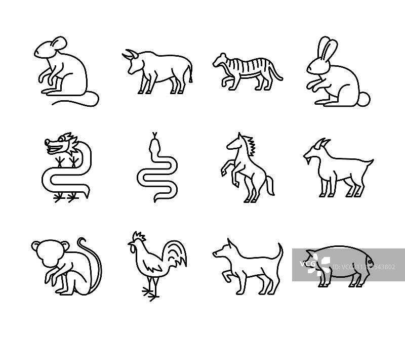 中国十二生肖黑色细线图标集图片素材