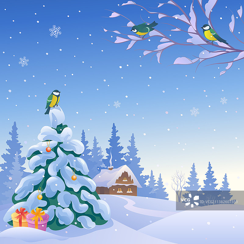 带鸟类的圣诞节方形景观图片素材