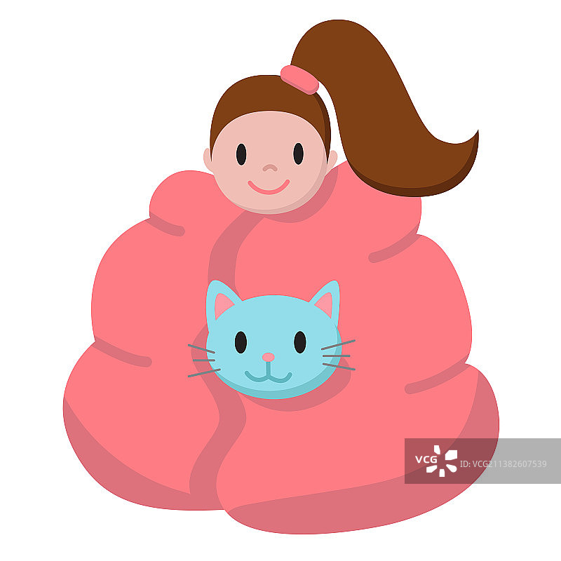 卡通趣味女孩和猫坐在树下图片素材