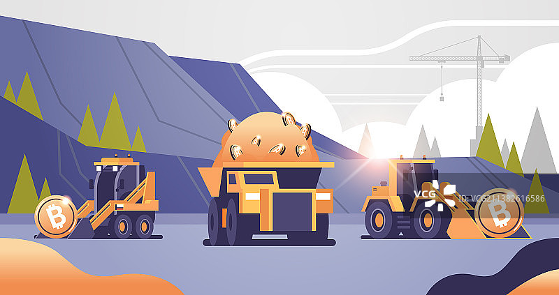 带有比特币金币的重型矿用卡车图片素材