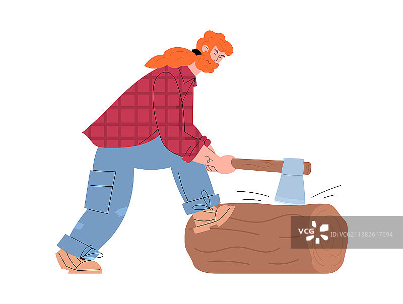 格子衬衫伐木工人砍伐木材扁平设计图片素材