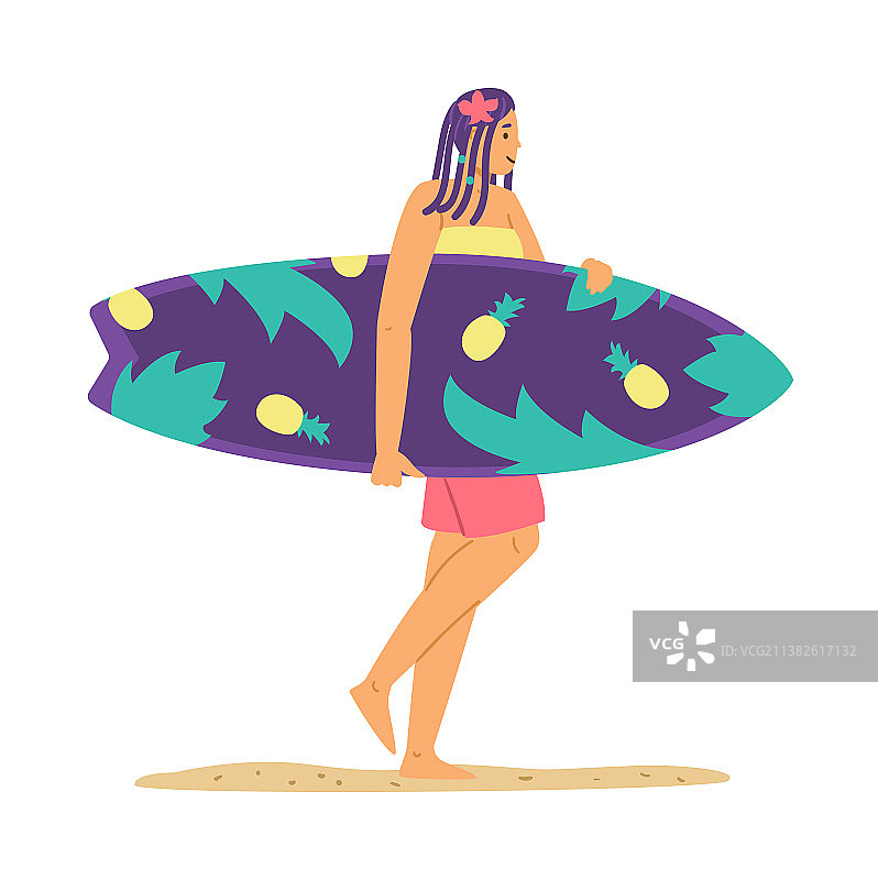 冲浪女孩在海滩上拿着冲浪板图片素材