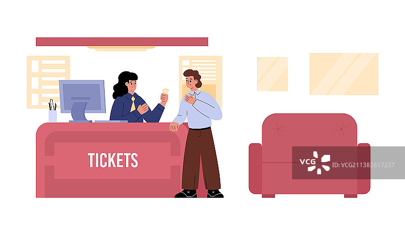 电影院售票处及游客扁平化设计图片素材