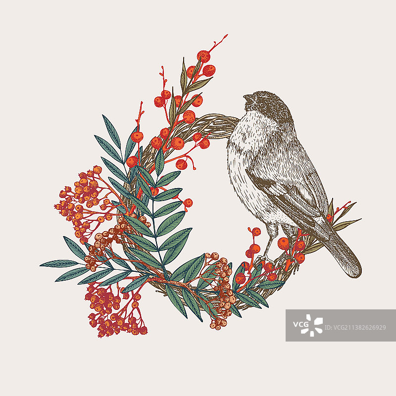 手绘秋季花环素描图片素材