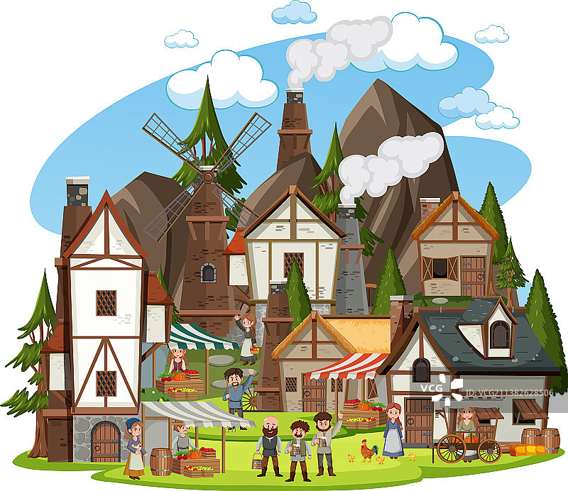 白色背景的中世纪村庄和村民图片素材