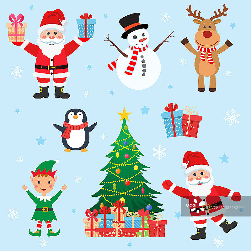 圣诞节红色圣诞老人、鲁道夫、雪人、树元素合集图片素材