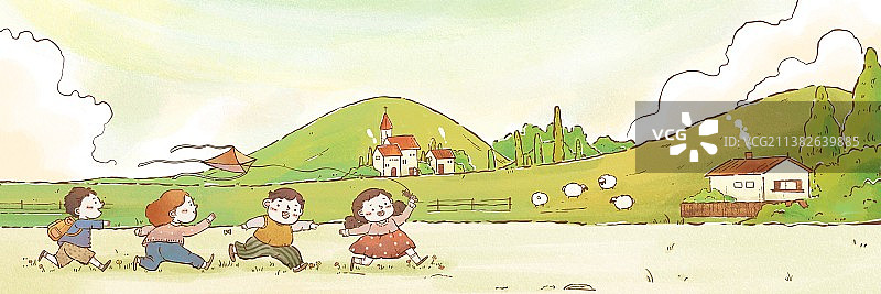 水彩风格在山野小路上奔跑追逐的四个儿童图片素材