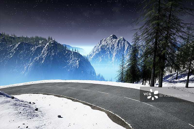 雪，雪山，道路，山路，寒冷，夜晚图片素材