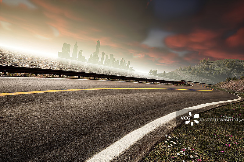 海洋，山路，公路，晚霞，道路图片素材