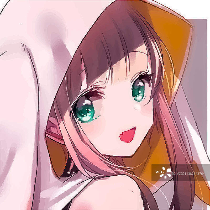 戴着兜帽的绿眼睛动漫女孩图片素材