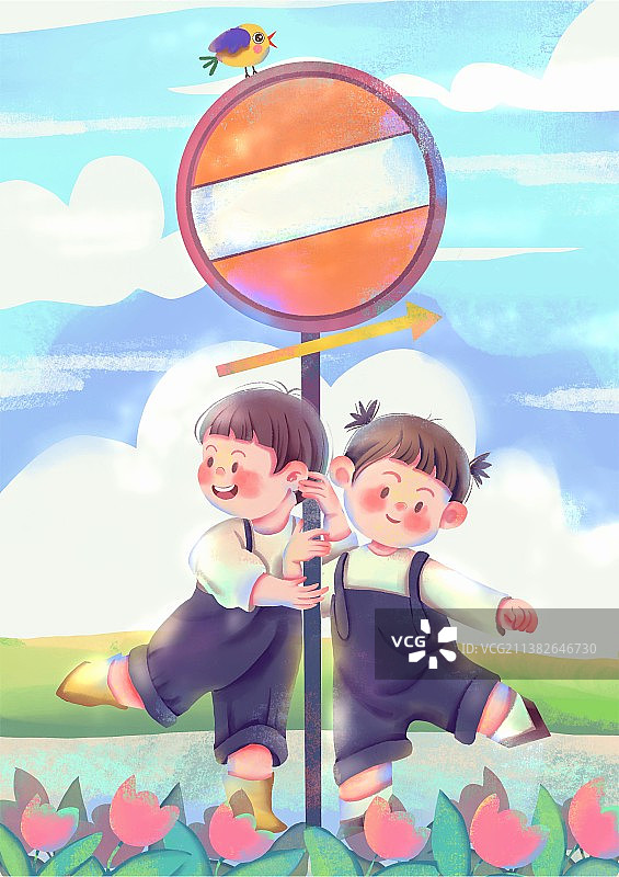 路牌下的小孩图片素材