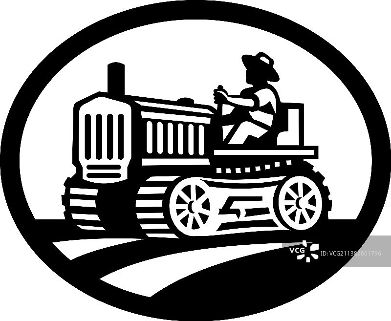 驾驶复古农用拖拉机的有机农场主椭圆标志图片素材