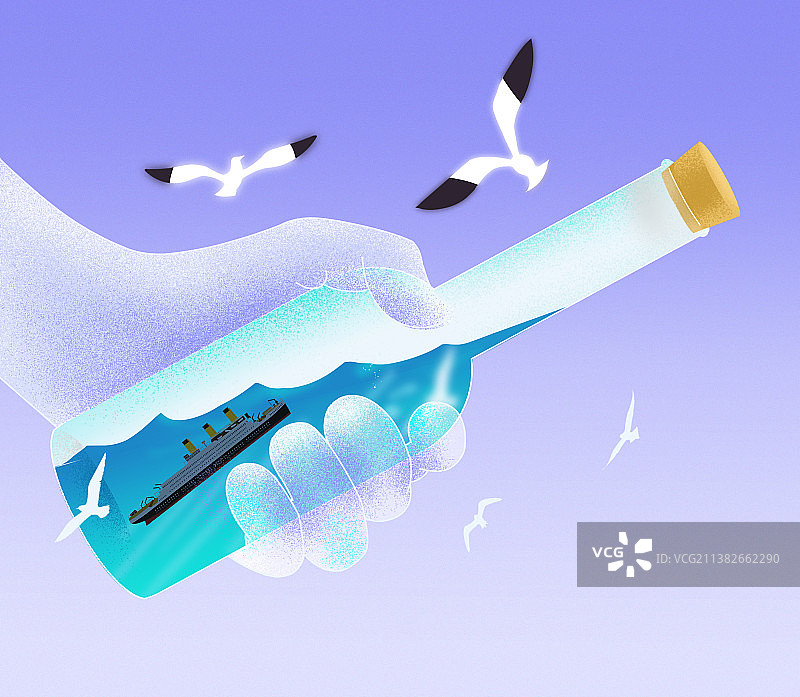 梦幻手握漂流瓶深海游轮泰坦尼克号沉没大海海鸥创意插画图片素材