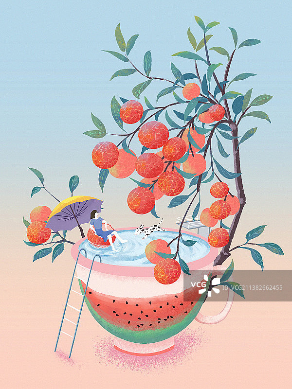 女孩动物与荔枝树图片素材