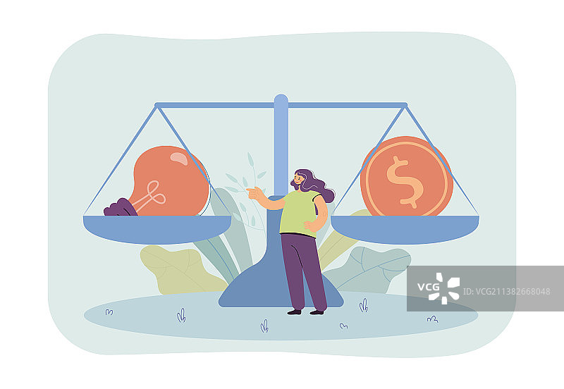 站在巨大天平前的卡通女孩图片素材