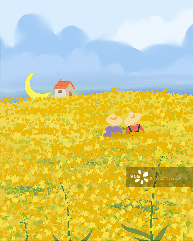 春天油菜花开，玩耍的小孩埋没在花海图片素材