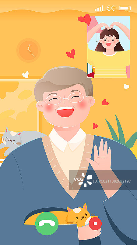 女儿和爸爸视频比心矢量插画竖图图片素材