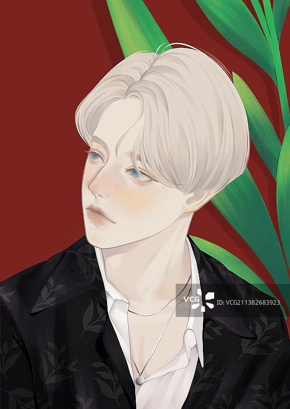 浅色头发厚涂侧脸半身男生图片素材