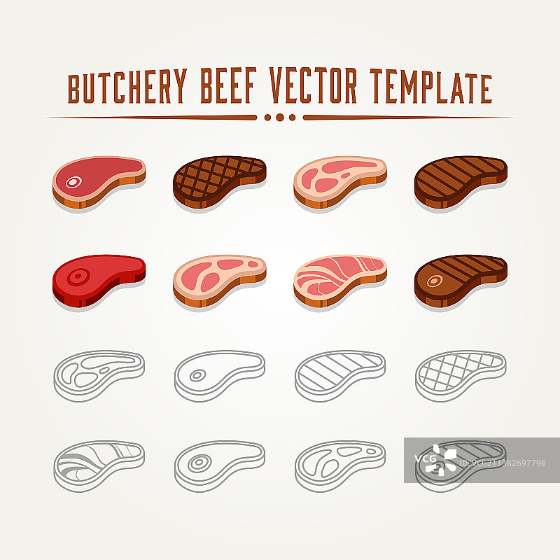 生牛肉平面和线条艺术Logo合集图片素材