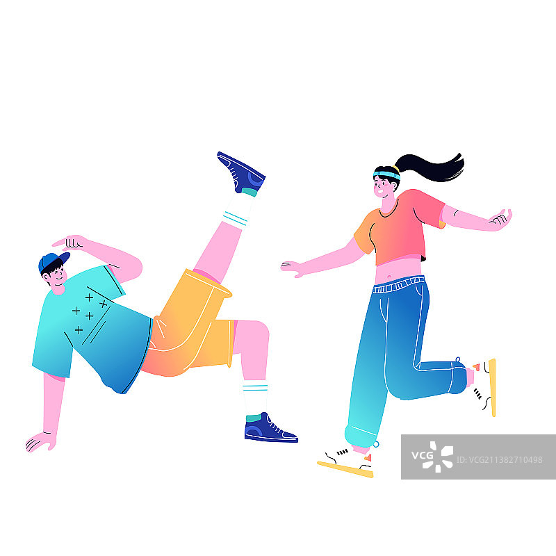 卡通青年学生情侣出游夏季运动健身打球娱乐休闲活动跳舞兴趣爱好培训班夏天夏日电商促销活动矢量插画图片素材
