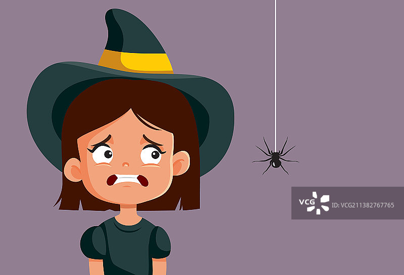 万圣节受惊女孩看着卡通蜘蛛图片素材