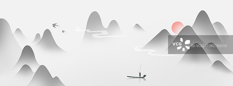 手绘中国风意境水墨山水画新中式背景插画，太阳船夫燕子图片素材