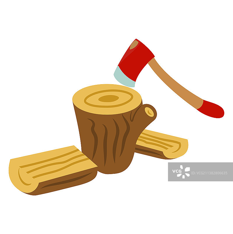 红色斧头与待切割的木头图片素材