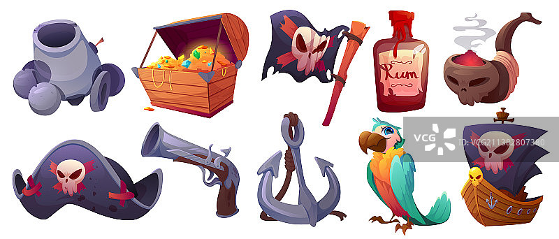 海盗物品卡通图标套装图片素材