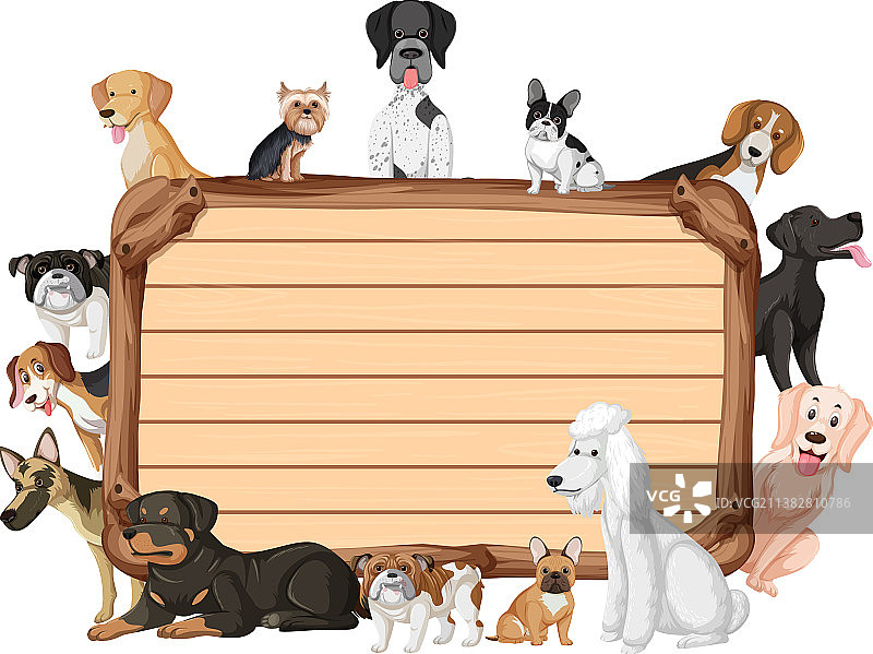 各种品种的狗旁的空木板图片素材
