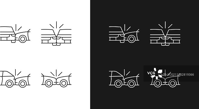 车辆碰撞线性图标设置为黑暗和图片素材