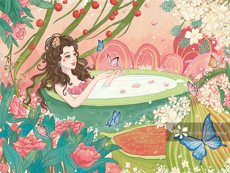花丛少女沐浴戏蝶插画图片素材