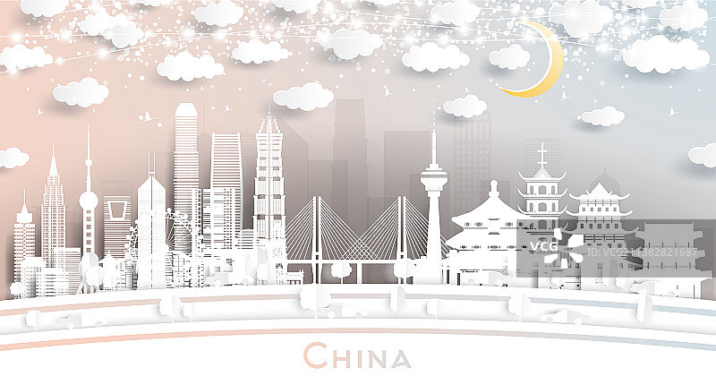 中国城市天际线剪纸风格图片素材