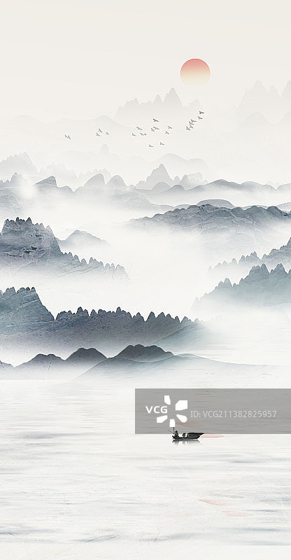 竖版中国风蓝色水墨意境山水画图片素材