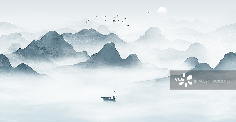 新中式蓝色水墨意境山水画图片素材