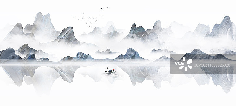 新中式蓝色水墨意境山水画图片素材
