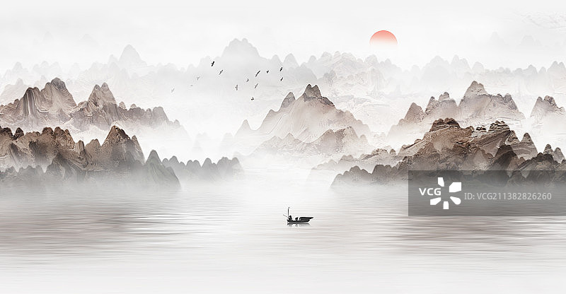 棕色新中式山水画风景装饰画背景插画图片素材