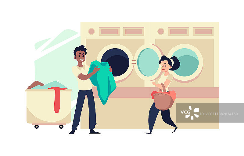 公共洗衣房里的人们 - 扁平风格图片素材